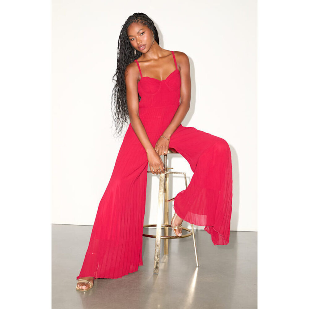 Lulus Exemplary Poise Red Pleated Wide-leg Jumpsuit - Size M